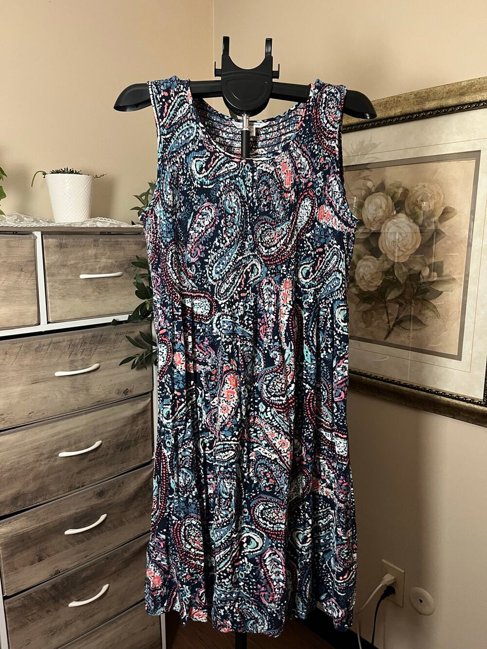 Croft & Barrow Women’s L Paisley Sleeveless Midi Dress Blue Pink Rayon Flowy